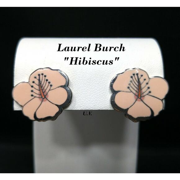 Laurel Burch "Hibiscus" Pink Post Earrings, Rhodium Plated Silver Tone, 1980s - Picture 1 of 10